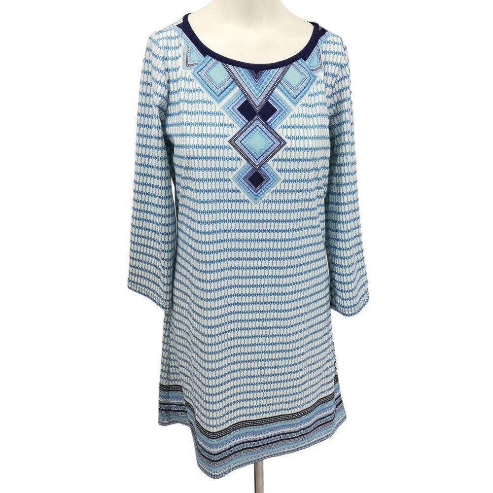 Cabana Life Stretch 3/4 Sleeve Geometric Dress Size M Blue UPF Shift Resort